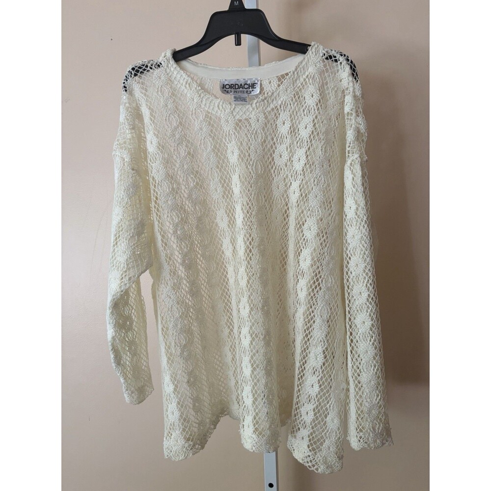 Vtg. Jordache 80s Ivory Lace Open Knit Made USA Long Sleeve Y2K Petite L